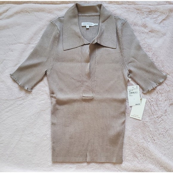 Good American Plaited Ribbed Polo top in Mink001 Beige Size 2 US M New - Picture 5 of 9